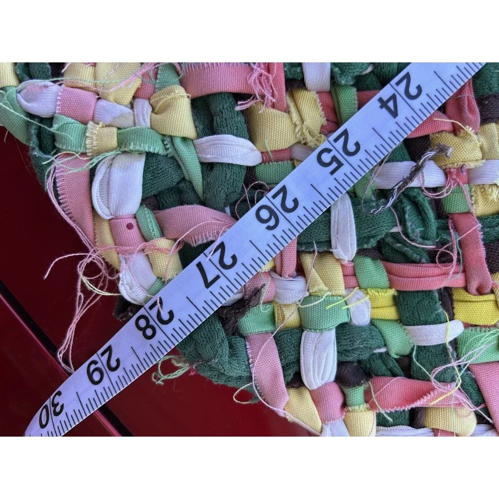 Handmade Braided Rag Rug 36x28 Green Pink Yellow Primitive Farmhouse Cottage